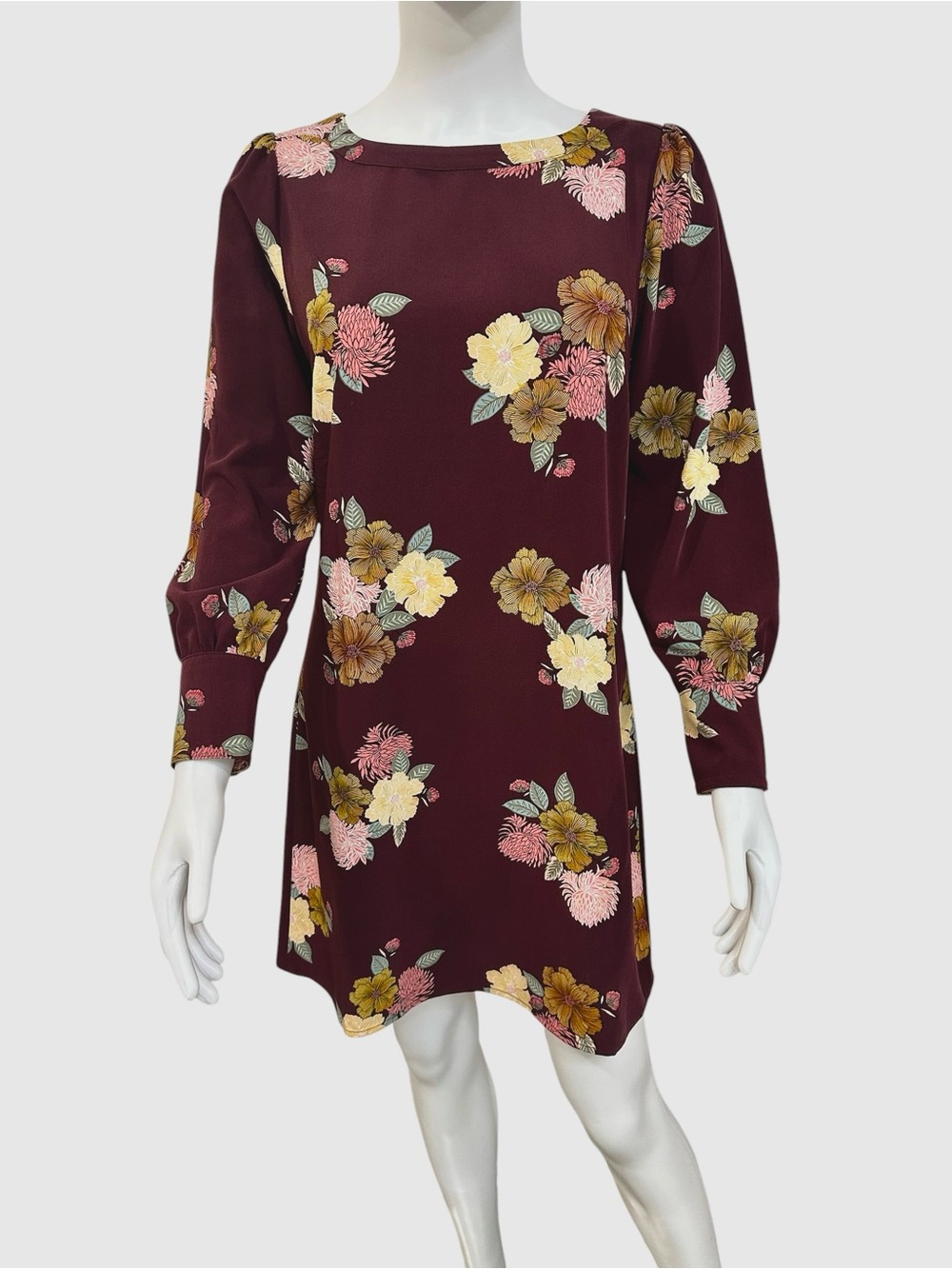 Ann Taylor LOFT‎ Women's Burgundy Floral Long-Sleeve Shift Dress 8P 8 Petite